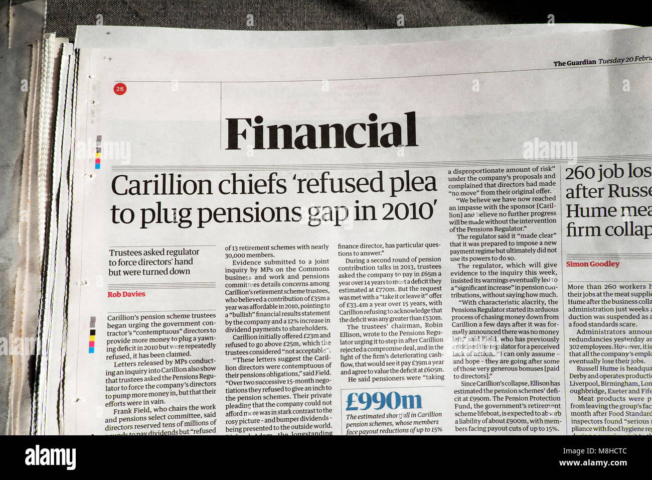 'Carillion chiefs refused plea to plug pensions gap in 2010'  Guardian newspaper article 20 February 2018 London England UK Stock Photo