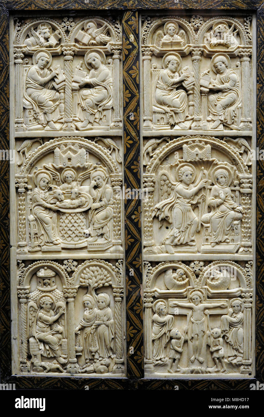 Harrach Diptych. Court School of Charlemagne, c. 800. Reverse. From Spain or northern Italy, c. 700-750. Ivory. Museum Schnütgen. Cologne, Germany. Stock Photo