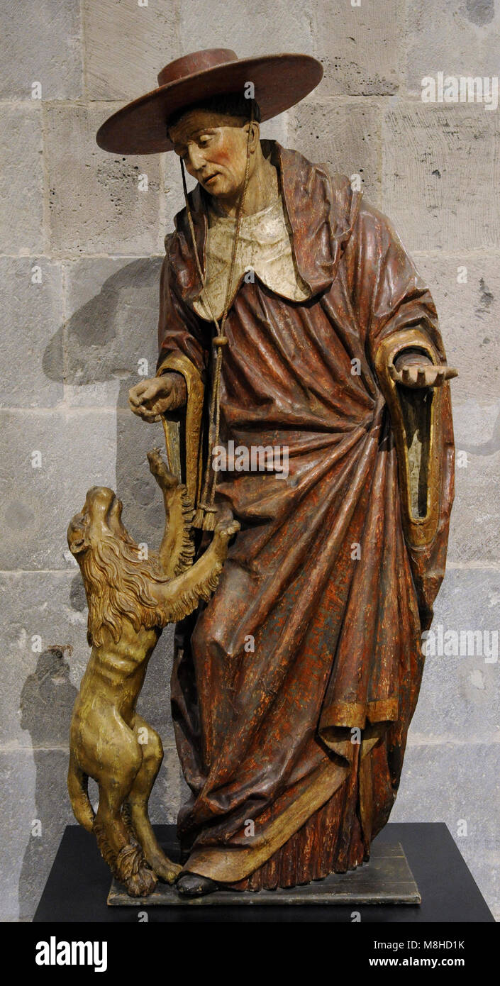 Saint Jerome (c. 347-419). Hermit and Doctor of the Church, served as secretary of Pope Damasus I. Biblical translator and monastic leader. Carving, lime, polychrome, c.1520. Cologne, Germany. Museum Schnütgen. Cologne, Germany. Stock Photo
