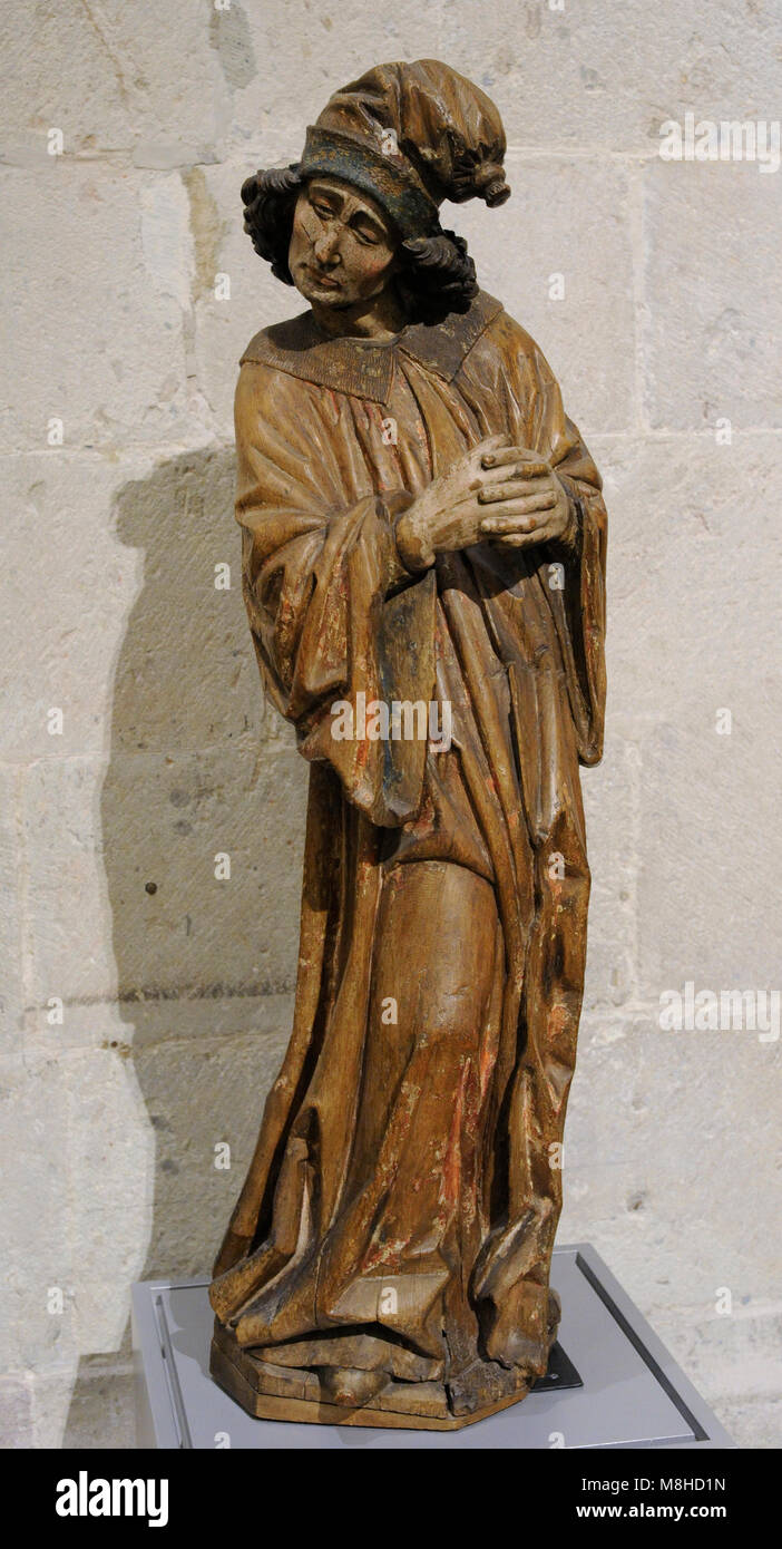 Nicodemus. Pharisee and member of the Sanhedrin, a ruler of the Jews. Mentioned in the Gospel of John. Carving. Lower Rhine, c. 1500. Wood, polychrome. Germany. Museum Schnütgen. Cologne, Germany. Stock Photo