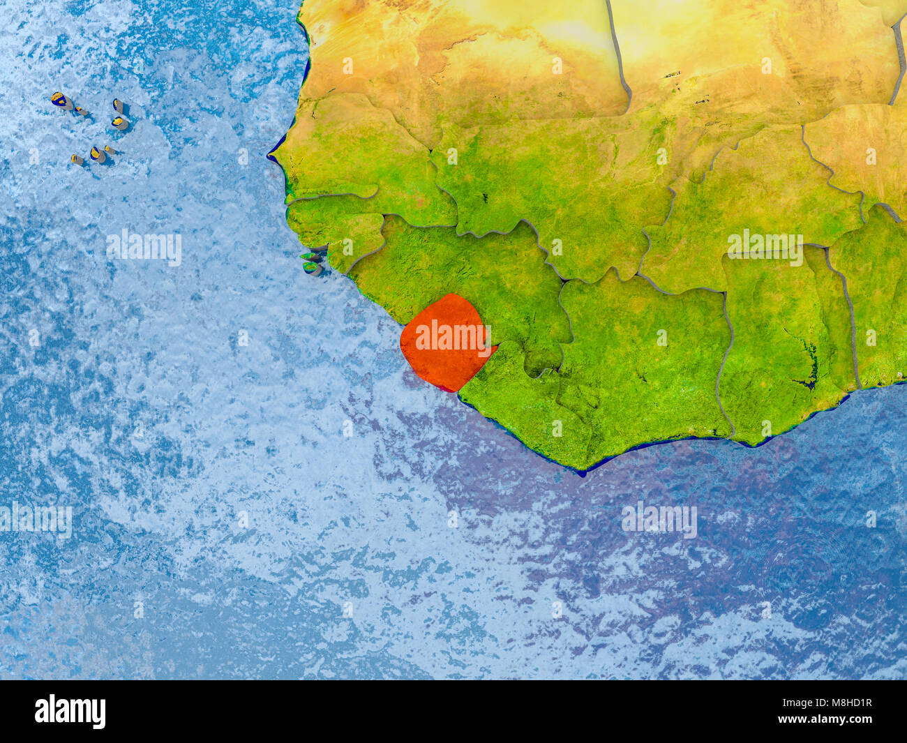 Sierra Leone in red on realistic map with embossed countries. 3D ...