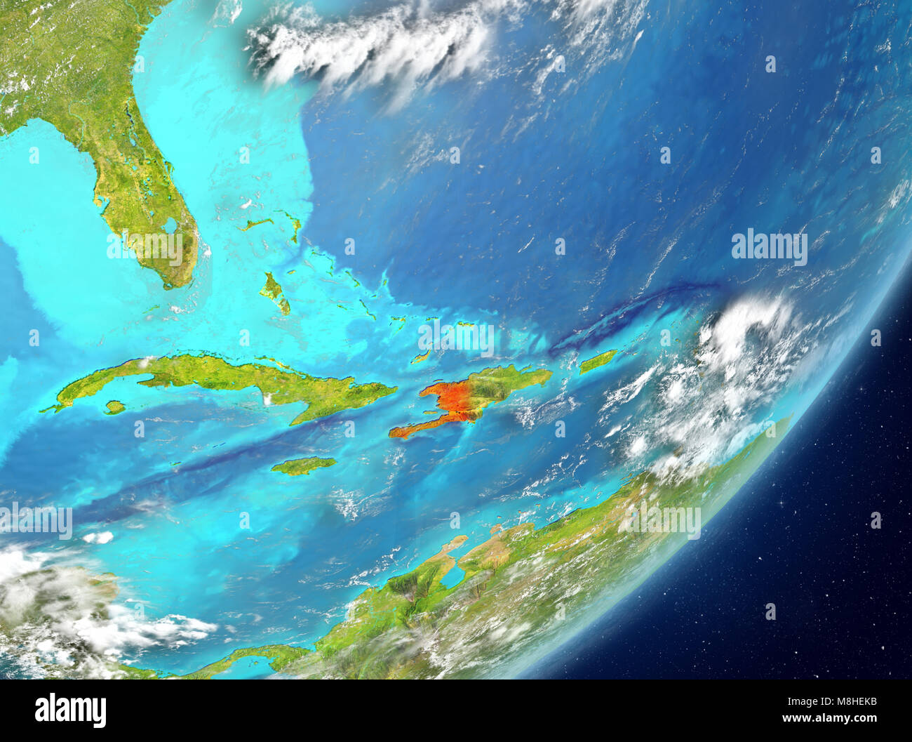 Satellite view of Haiti highlighted in red on planet Earth with clouds ...