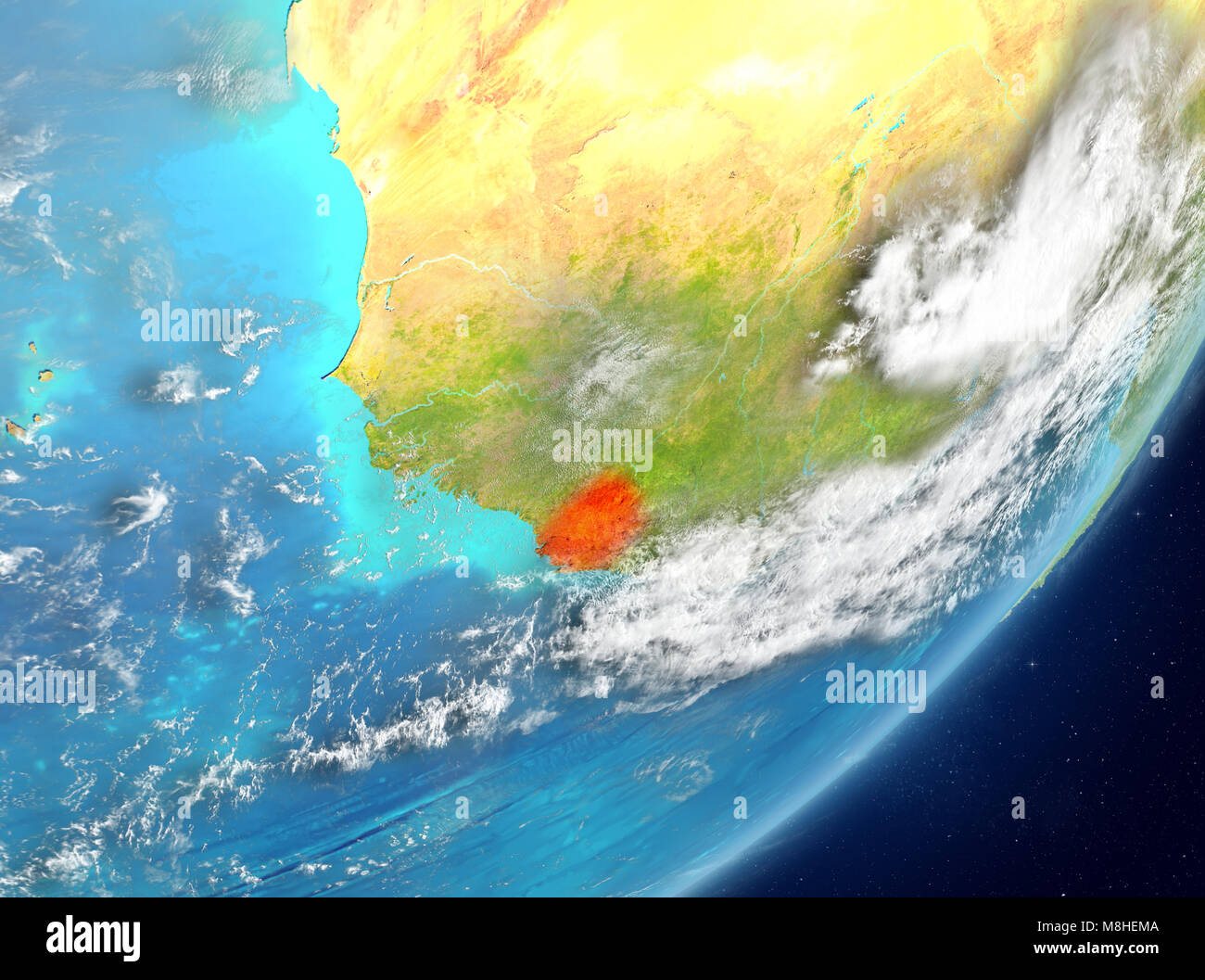 Satellite view of Sierra Leone highlighted in red on planet Earth with ...