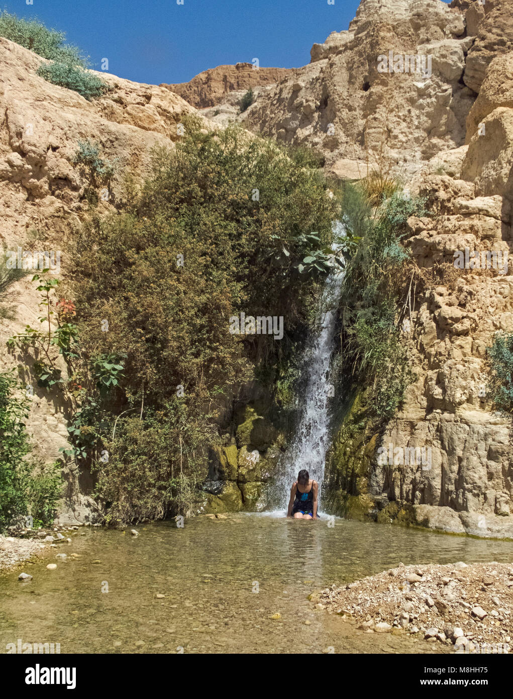 bather enjoying a natural massage in wadi David waterfall at Ein Gedi Stock Photo