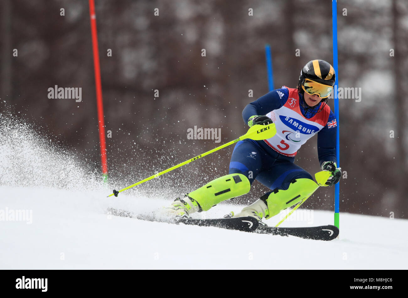 Great Britain's Millie Knight n the Women's Slalom, Visually Impaired at the Jeongseon Alpine Centre during day nine of the PyeongChang 2018 Winter Paralympics in South Korea. Stock Photo