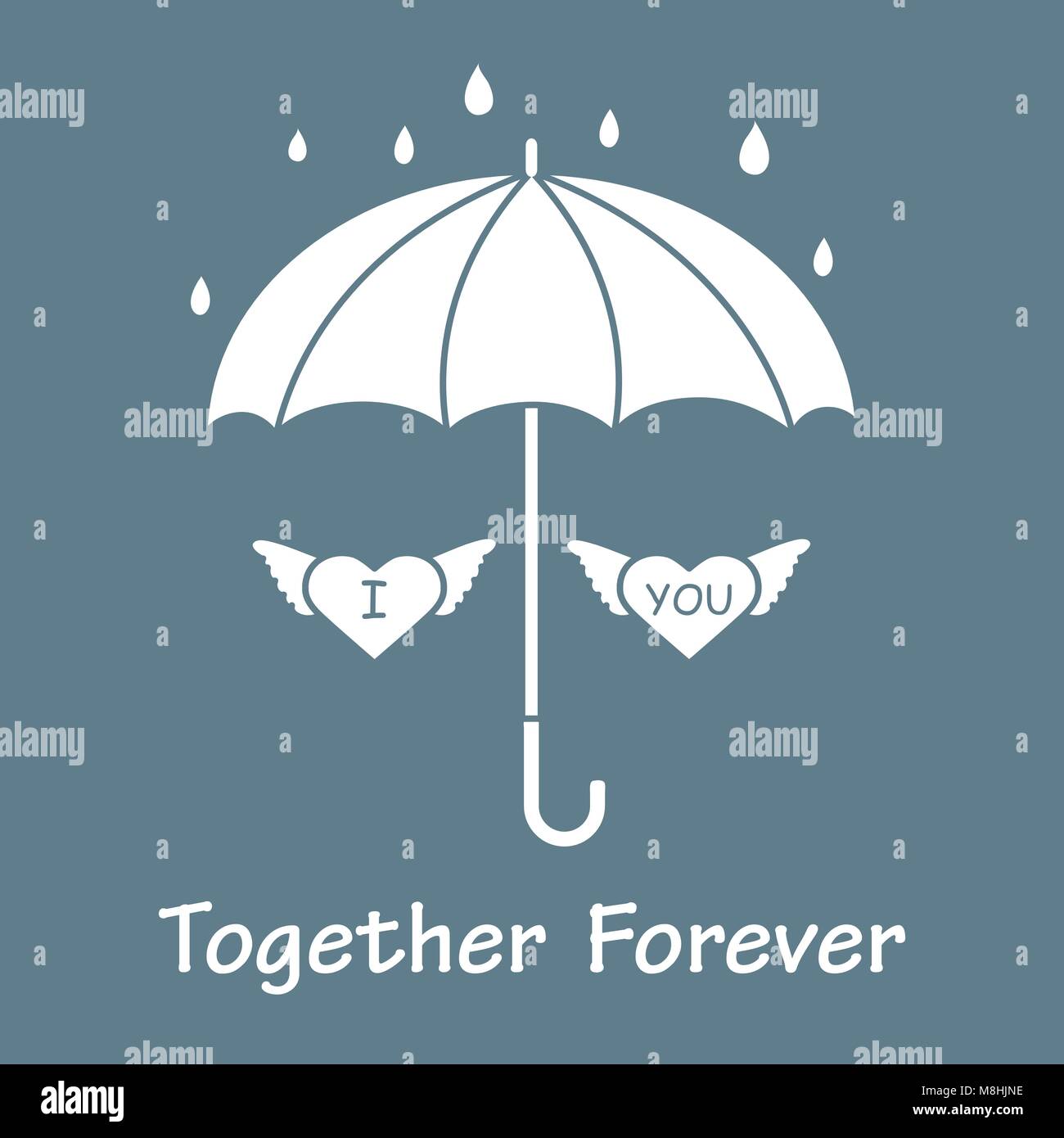 Two hearts with wings under an umbrella in the rain. Design for banner
