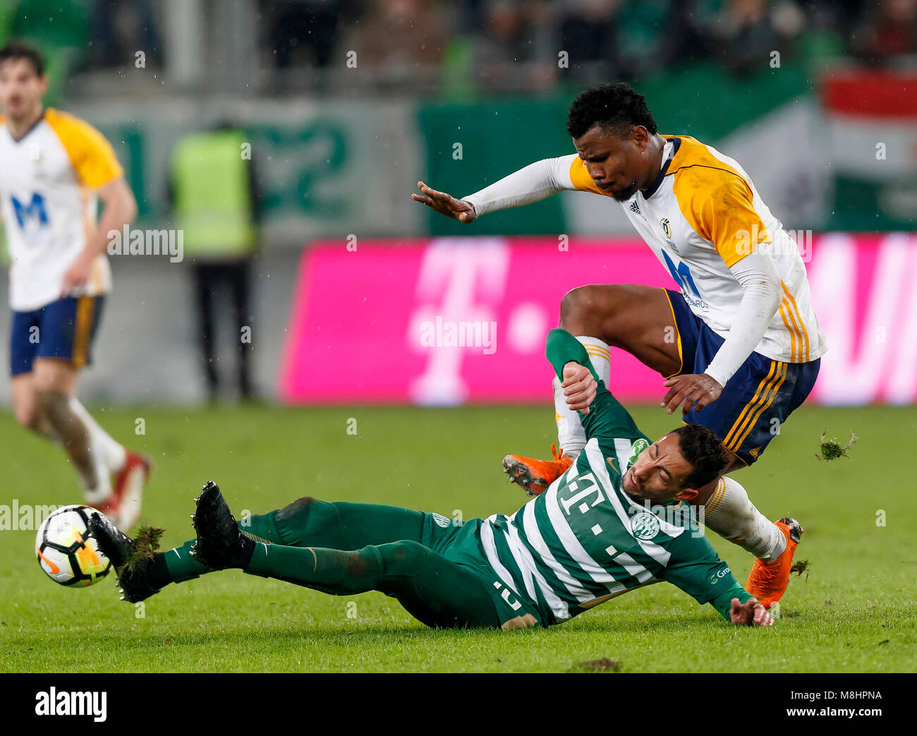 BUDAPEST, HUNGARY - MAY 12: (r-l) Leandro De Almeida 'Leo' of Ferencvarosi  TC celebrates the goal with Roland Varga of Ferencvarosi TC during the  Hungarian OTP Bank Liga match between Ferencvarosi TC