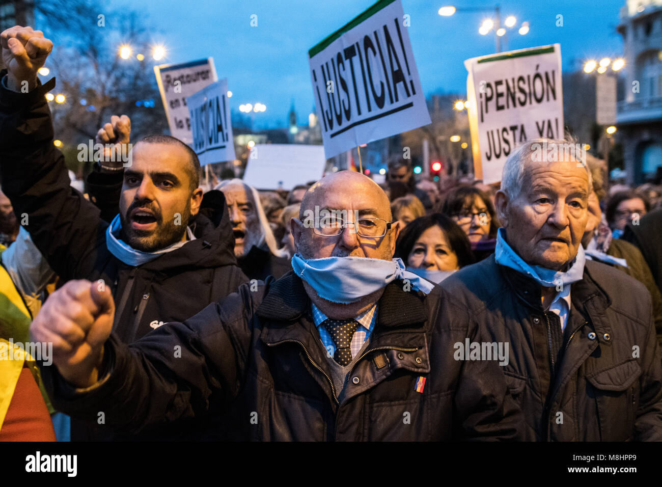 Madrid, Spain. 17th March, 2018. People protesting against Citizen Security Law also known as 'Gag Law', demanding freedom of expression. Retirees have joined the demonstration to also demand better pensions, in Madrid Spain. Credit: Marcos del Mazo/Alamy Live News Stock Photo