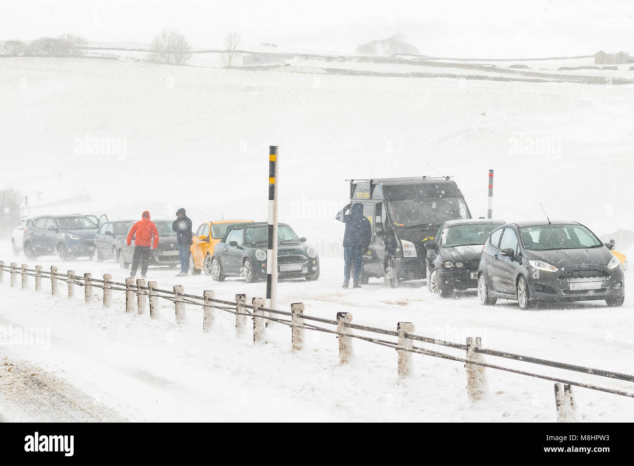 A66, 17 March 2018: UK weather - white out - motorists stuck on A66 trunk road in Cumbria as heavy snow and icy conditions created very difficult driving conditions on the A66.  There were multiple accidents and long tailbacks in both directions Credit: Kay Roxby/Alamy Live News Stock Photo