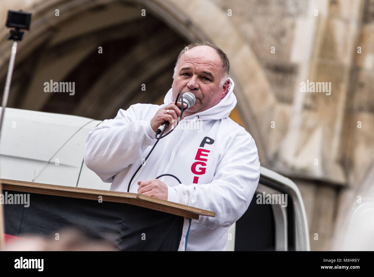 Munich, Bavaria, Germany. 17th Mar, 2018. Gernot Tegetmeyer of Pegida Nuremburg. Lutz Bachmann and Michael Stürzenberger (Sturzenberger) Lutz Bachmann and Sigfried Daebritz, founders of the PEGIDA extreme-right movement appeared in Munich alongside Michael Stürzenberger (Sturzenberger) amid numerous protests from various organizations, politicians, and celebrities. The Munich branch, in exchange, appeared in Dresden. Munich has a storied history with Pegida, with the current branch under monitoring from the Bavarian secret service (Verfassungsschutz) and being called "the weaponized ar Stock Photo