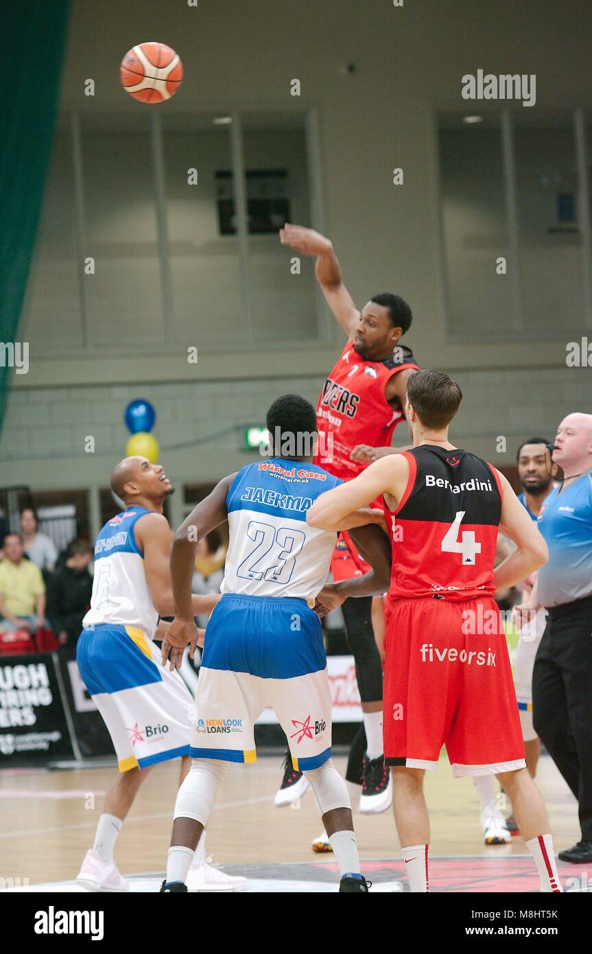 Leicester, England, 17th March 2018. Tip off between the Leicester Riders and Cheshire Phoenix in a British Basketball League match at Leicester Arena. Credit: Colin Edwards/Alamy Live News. Stock Photo