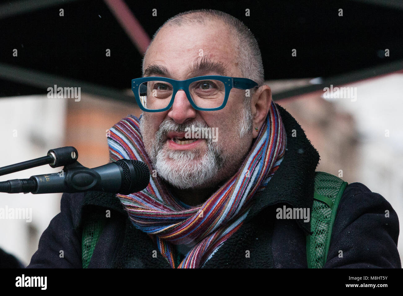 London, UK. 17th March, 2018. David Rosenberg of the Jewish Socialist Group addresses the March Against Racism. The March Against Racism is organised by Stand Up To Racism to call on the Government to enact the Dubs Amendment, requiring it to act ‘as soon as possible’ to relocate and support unaccompanied refugee children in Europe, and to assist those fleeing war and persecution. Credit: Mark Kerrison/Alamy Live News Stock Photo