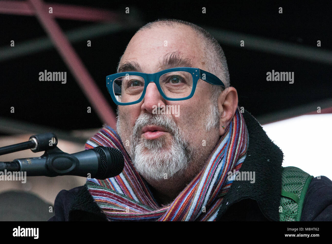 London, UK. 17th March, 2018. David Rosenberg of the Jewish Socialist Group addresses the March Against Racism. The March Against Racism is organised by Stand Up To Racism to call on the Government to enact the Dubs Amendment, requiring it to act ‘as soon as possible’ to relocate and support unaccompanied refugee children in Europe, and to assist those fleeing war and persecution. Credit: Mark Kerrison/Alamy Live News Stock Photo