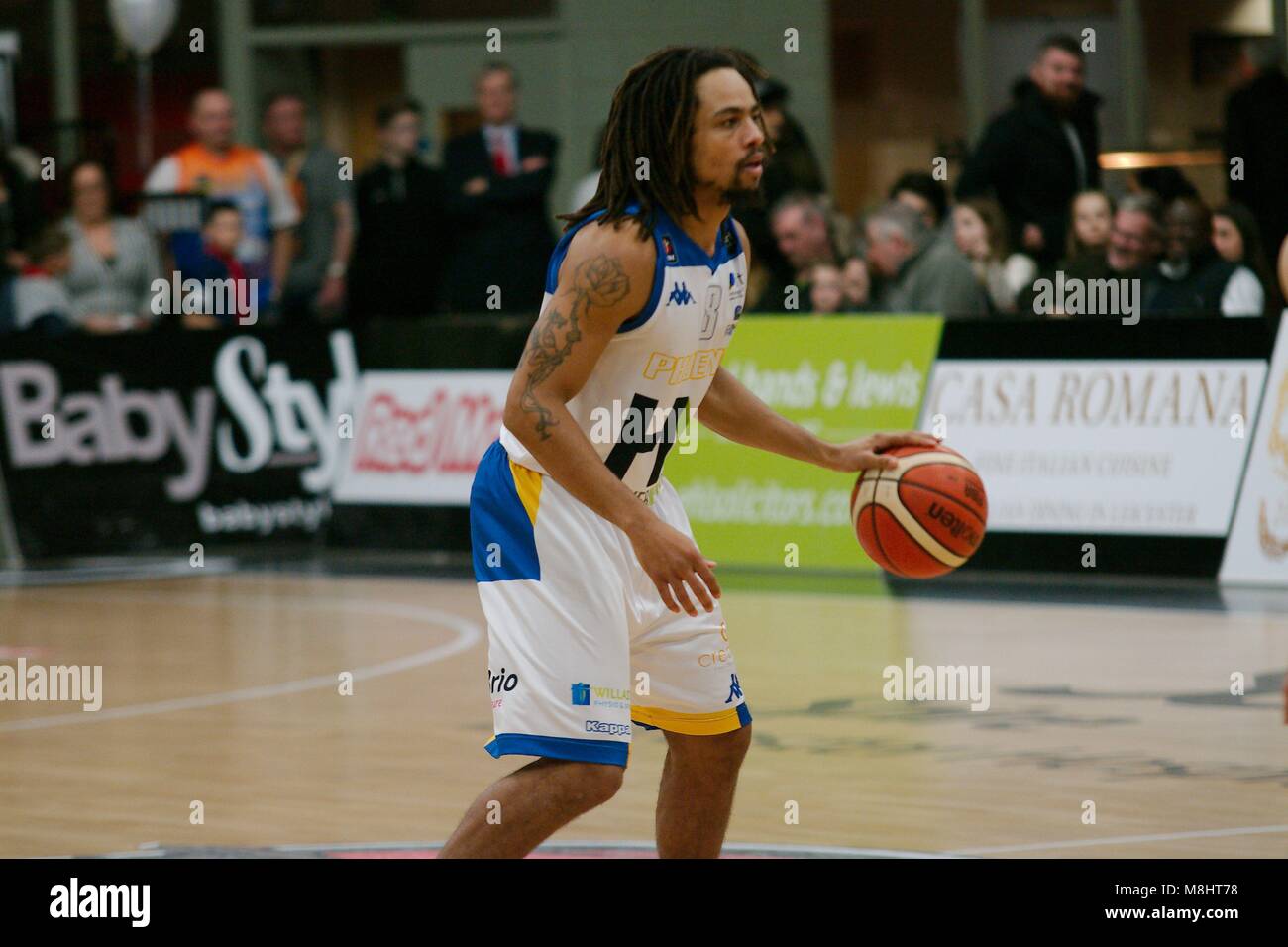 Leicester, England, 17th March 2018. Devan Bailey playing for Cheshire Phoenix against Leicester Riders in a British Basketball League match at Leicester Arena. Credit: Colin Edwards/Alamy Live News. Stock Photo