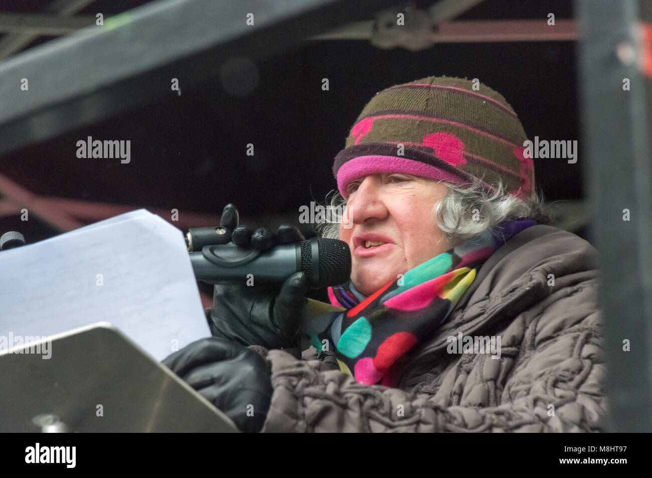 London, UK. 17th March 2018. Colette Levy who was a hidden child in  Vichy France speaks at the rally in Whitehall after the March against Racism on UN Anti Racism Day. Peter Marshall/Alamy Live News Stock Photo