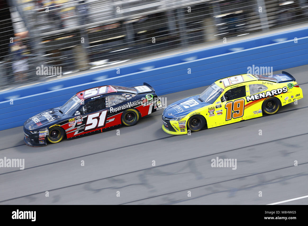Fontana, California, USA. 17th Mar, 2018. March 17, 2018 - Fontana, California, USA: Jeremy Clements (51) and Brandon Jones (19) battle for position during the Roseanne 300 at Auto Club Speedway in Fontana, California. Credit: Chris Owens Asp Inc/ASP/ZUMA Wire/Alamy Live News Stock Photo