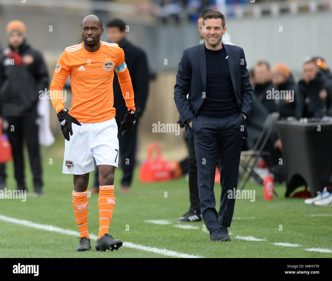 Washington, DC, USA. 17th Mar, 2018. 20180317 - D.C. United coach BEN OLSEN smiles as Houston Dynamo defender DAMARCUS BEASLEY (7) walks off an injury in the first half at the Maryland SoccerPlex in Boyds, Md. Credit: Chuck Myers/ZUMA Wire/Alamy Live News Stock Photo