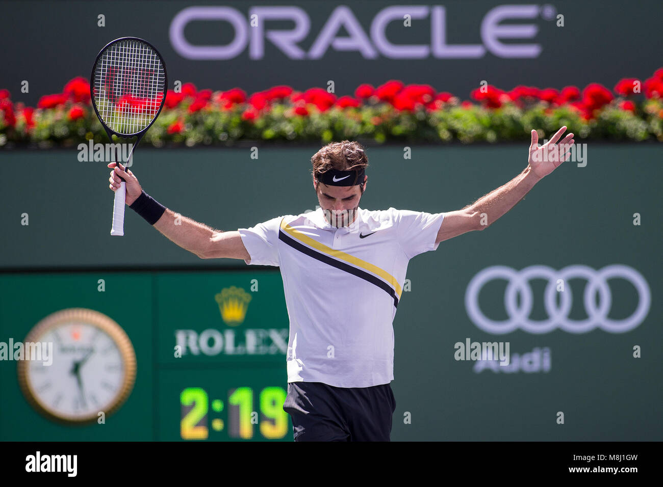 Indian Wells, California, USA. 17th Mar, 2018. Roger Federer (SUI) defeated  Borna Coric (CRO) 5-7, 6-4, 6-4 in Wells Tennis Garden in Indian Wells,  California. © Mal Taam/TennisClix/CSM/Alamy Live News Stock Photo - Alamy