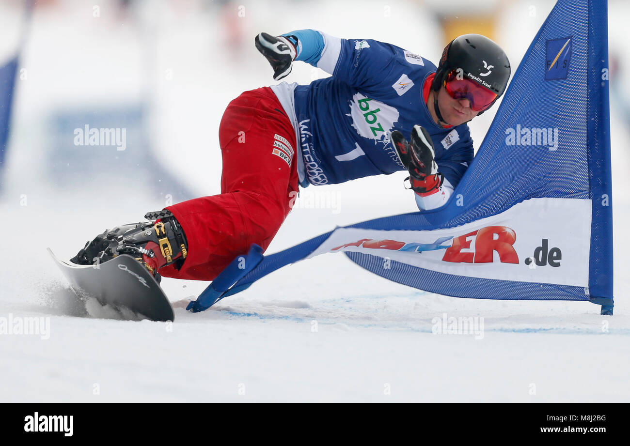 18 March 2018, Germany, Winterberg: Snowboard World Cup, team parallel slalom. Nevin Galmarini of Switzerland in action. Photo: Ina Fassbender/dpa Credit: dpa picture alliance/Alamy Live News Stock Photo