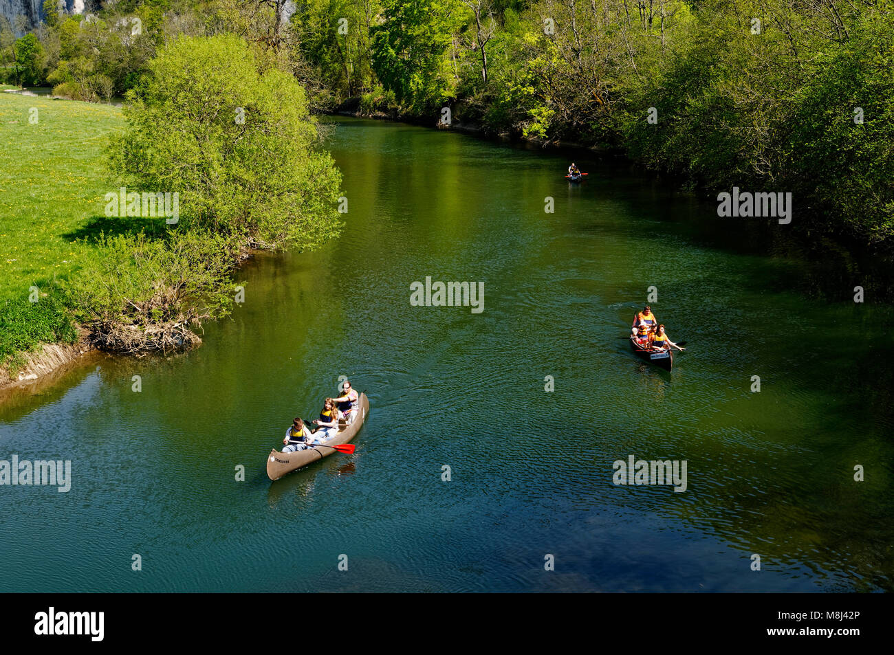 Upper Danube Valley (Oberes Donautal): Canoes with paddlers on river danube near Beuron, Sigmaringen District, Baden-Württemberg, Germany Stock Photo