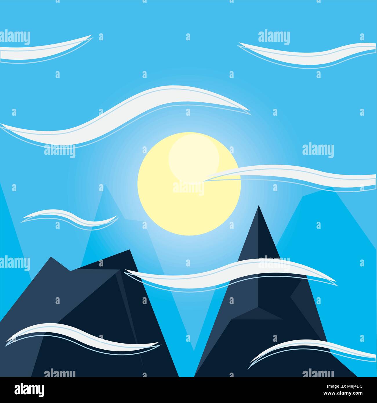 Mountains landscape with clouds and sun, colorful design vector ...