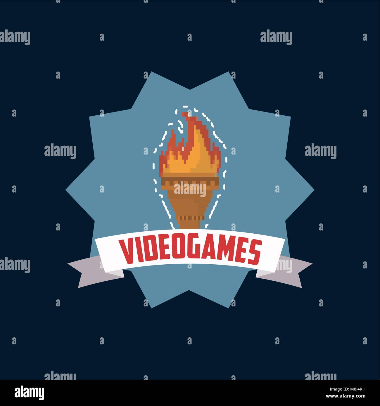 videogame design with decorative ribbon and pixelated torch over black ...