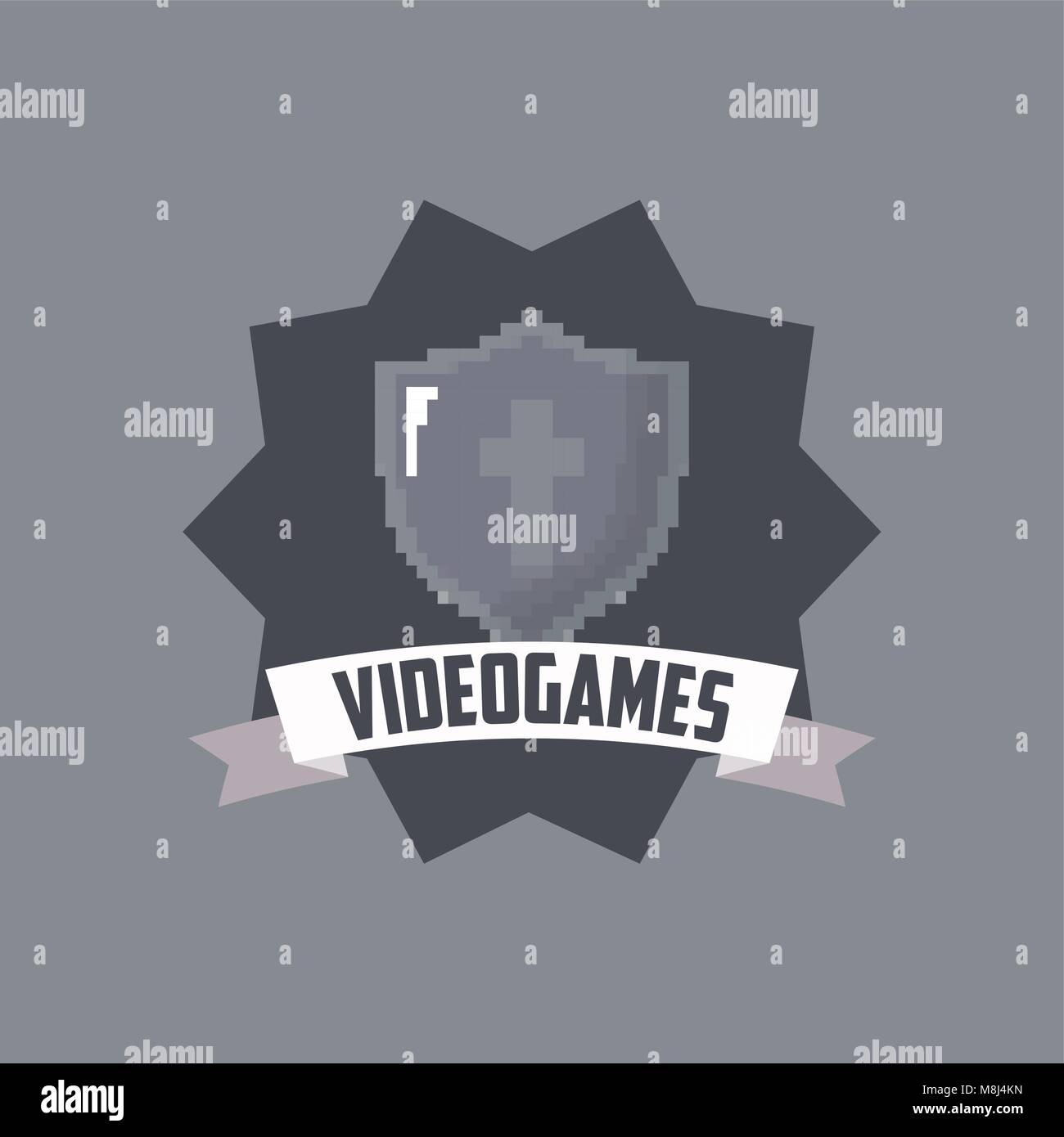 Decorative frame and ribbon with Video game shield icon over gray ...