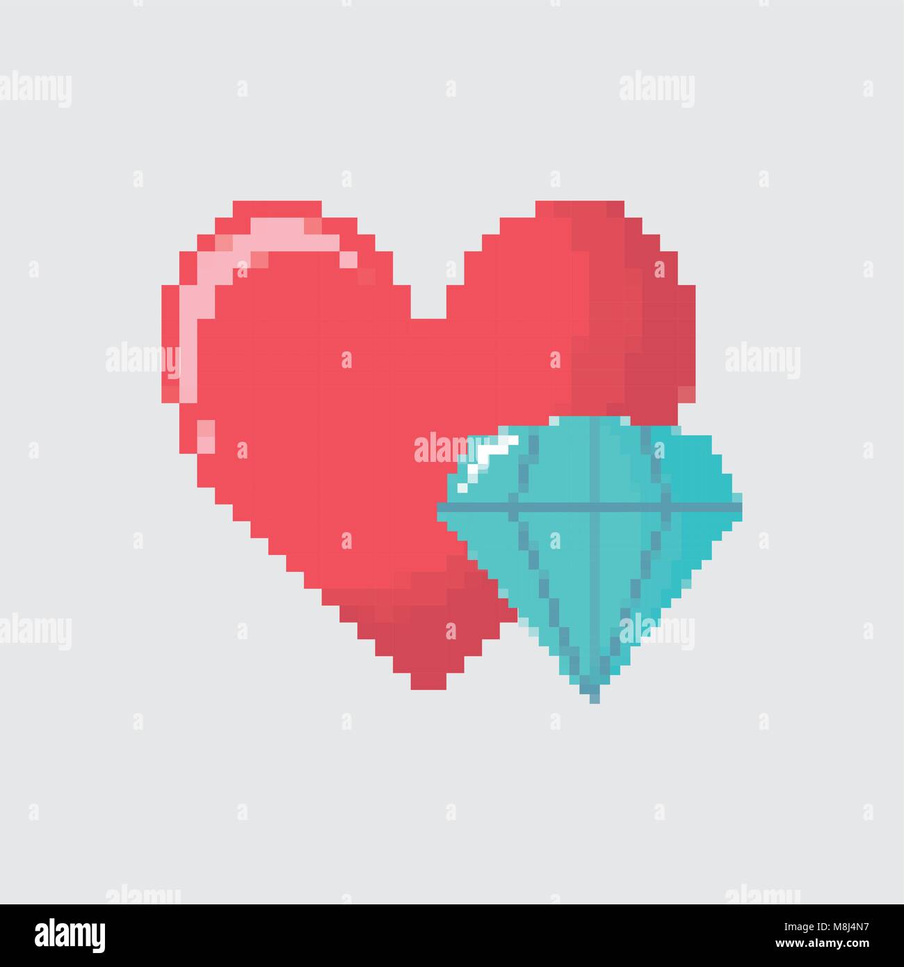 Video Game heart and diamond icon over white background, pixelated ...