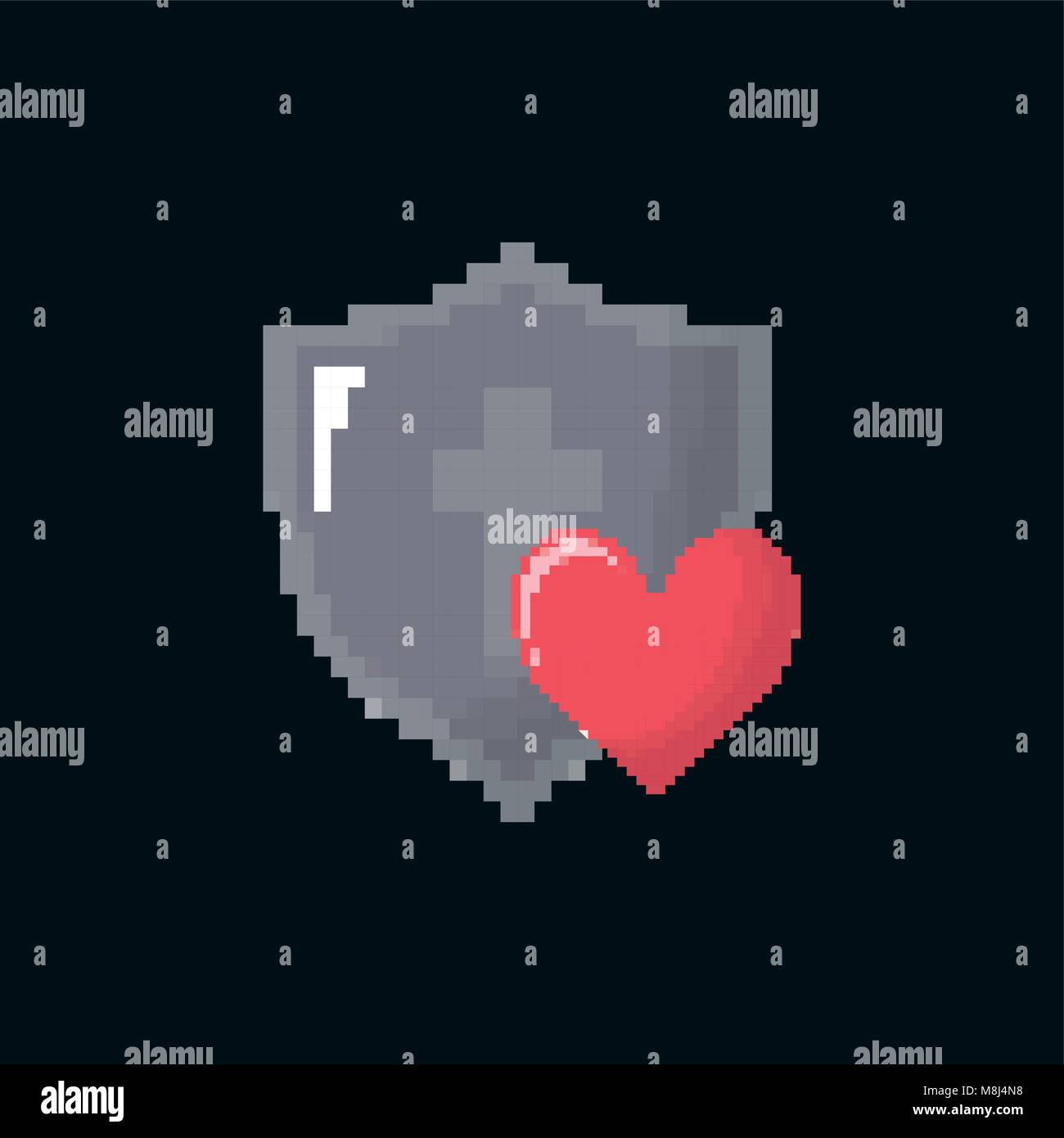 Video game shield and heart icon over black background, colorful ...