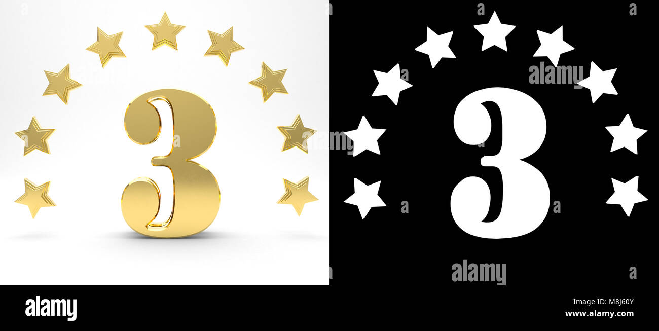 Golden Number Three On White Background With Drop Shadow And Alpha Golden Number Three On White Background With Drop Shadow And Alpha