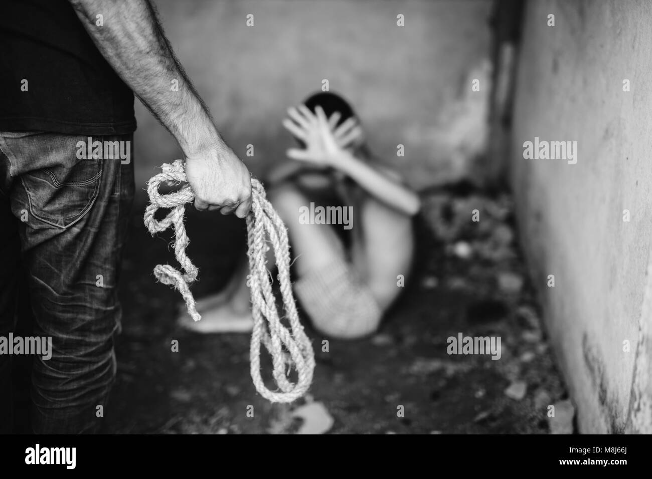 Stop abusing boy violence. child bondage , violence, terrified , A fearful child , Human Rights Day concept. Stock Photo