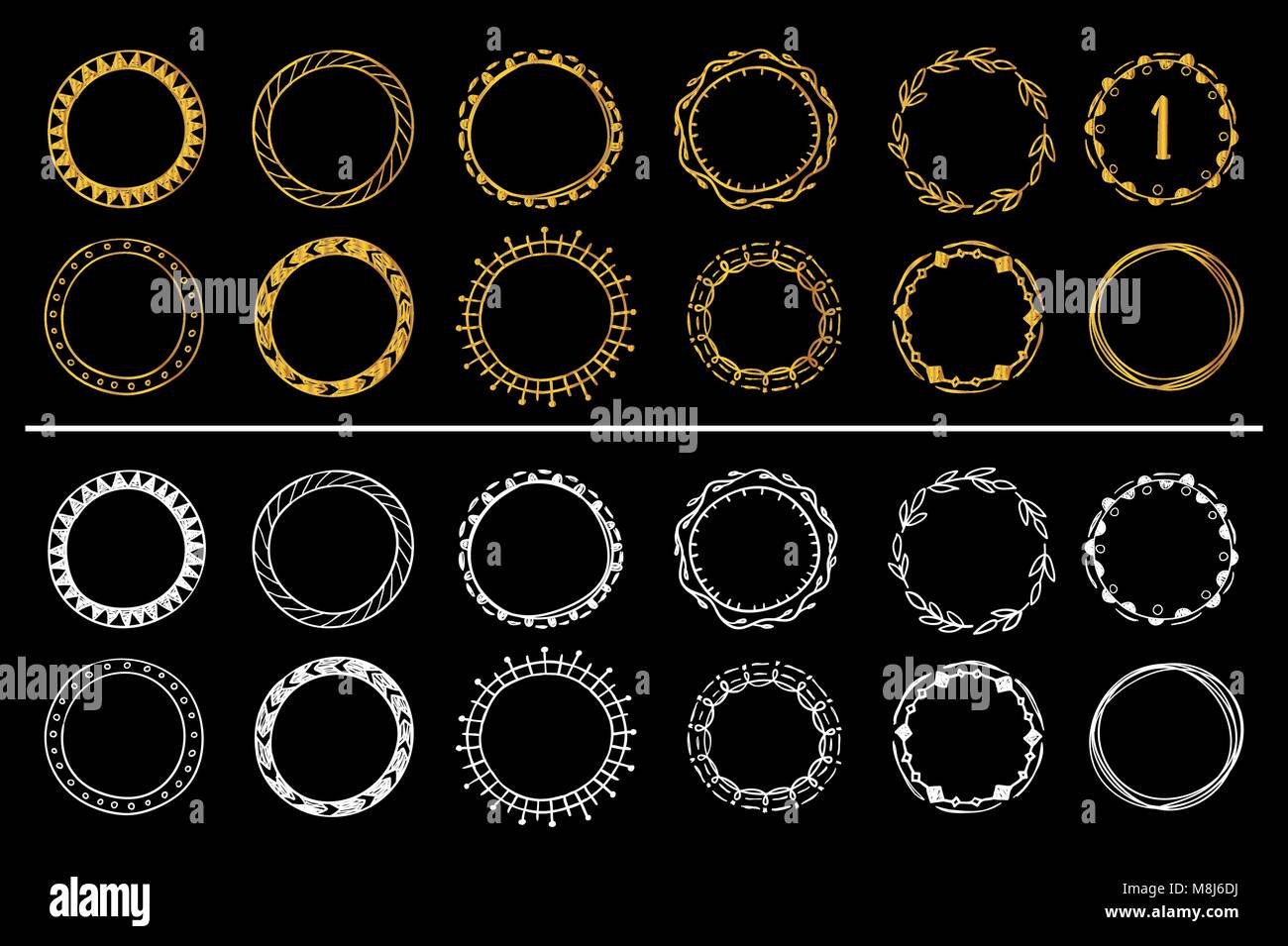 Collection of golden and white hand drawn round frames . Vector set 1 ...