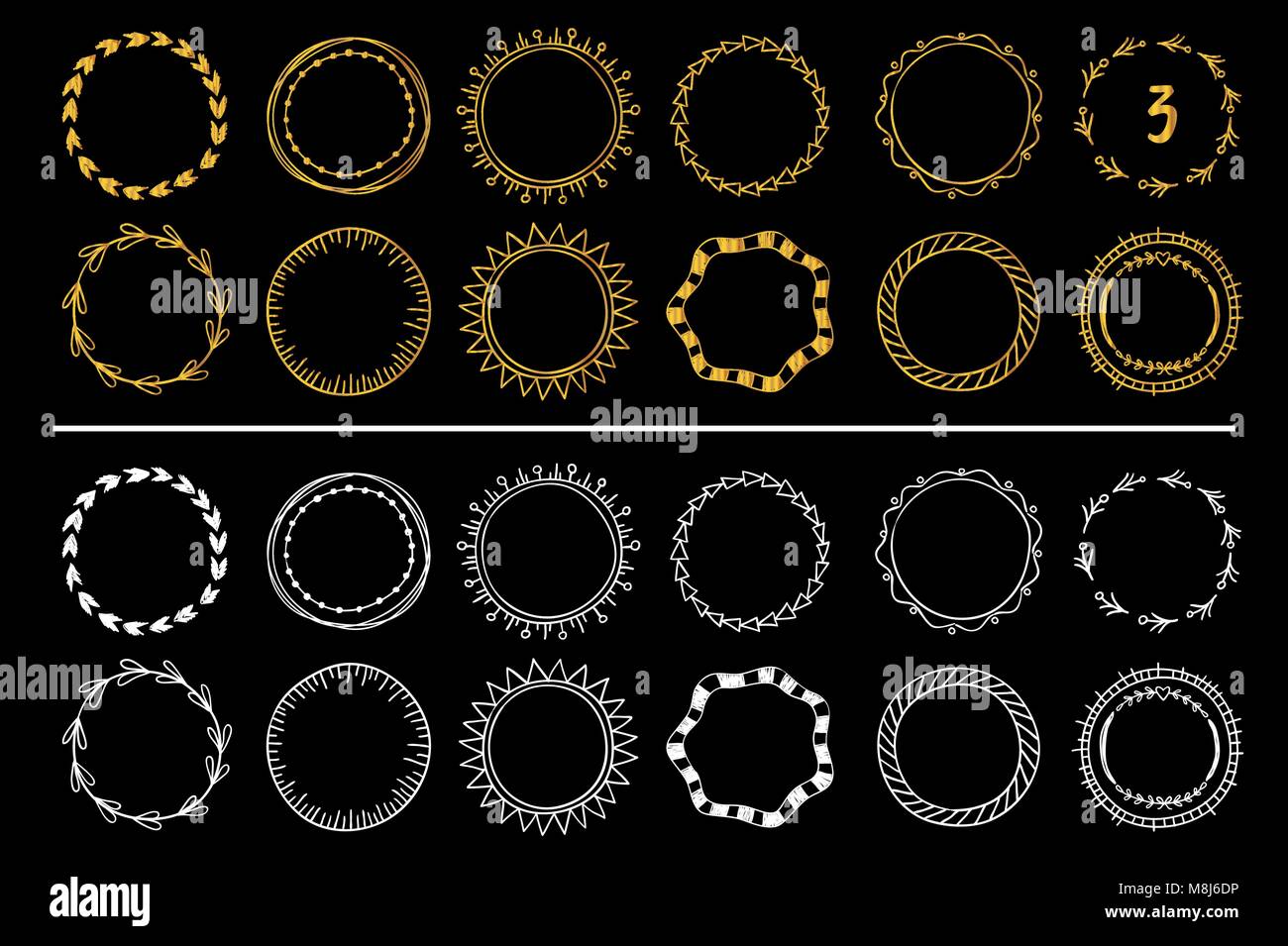 Collection of golden and white hand drawn round frames . Vector set 3 ...