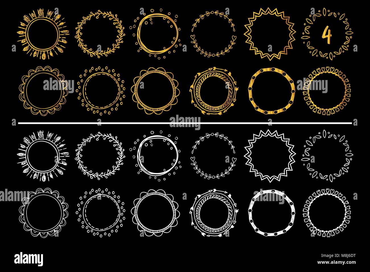 Collection of golden and white hand drawn round frames . Vector set 4 ...
