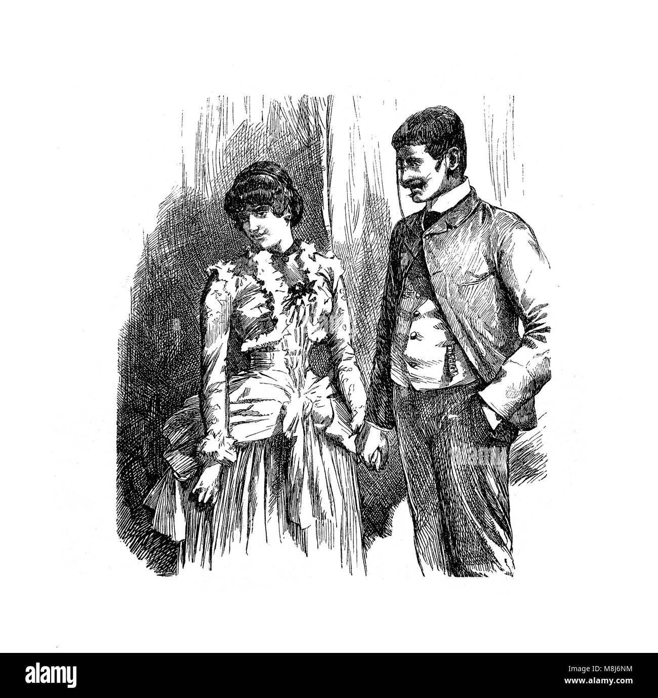 Gentleman courting a shy young woman holding hand, vintage engraving Stock Photo