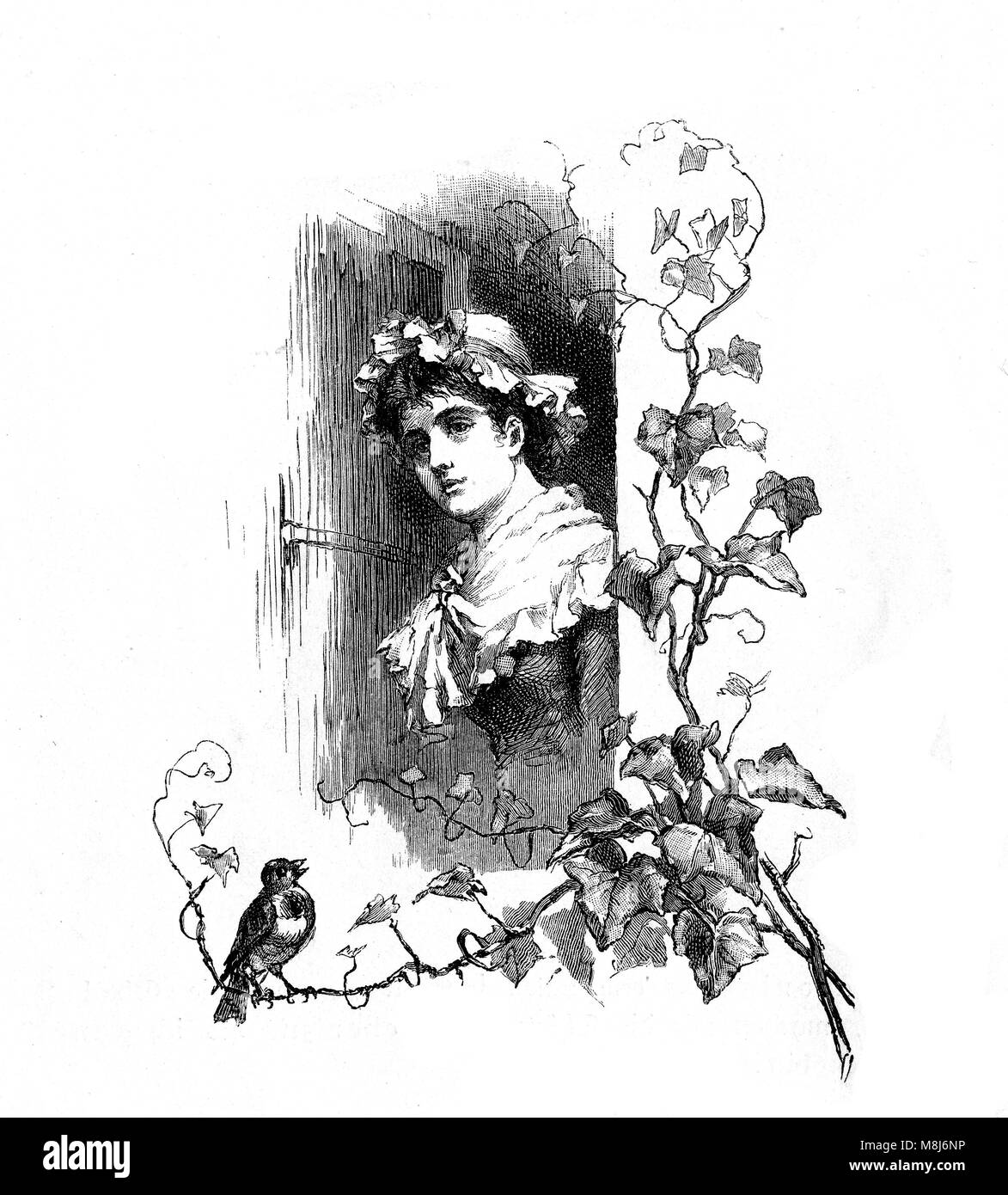 Spring again, lovely girl at the window and a bird chirping, vintage engraving Stock Photo