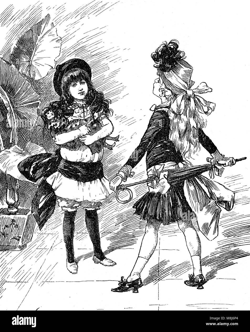Vintage caricatures and fun: fashionable young girls confronting each other with fancy outfits Stock Photo