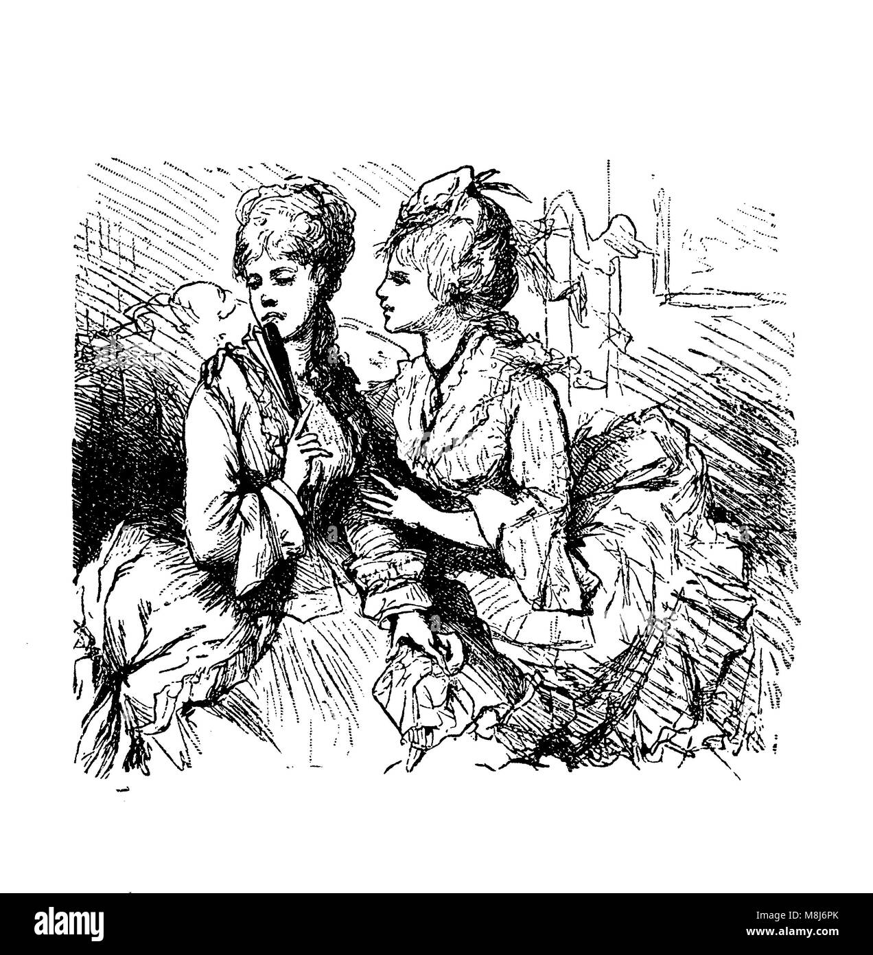 Vintage caricatures and fun, two young ladies and the malicious gossip Stock Photo