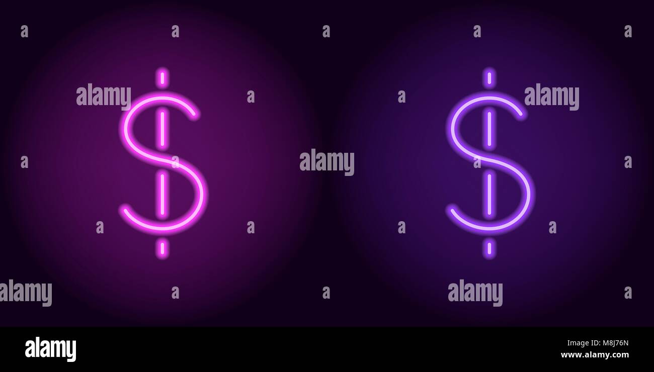 Purple and violet neon dollar sign. Vector silhouette of neon dollar