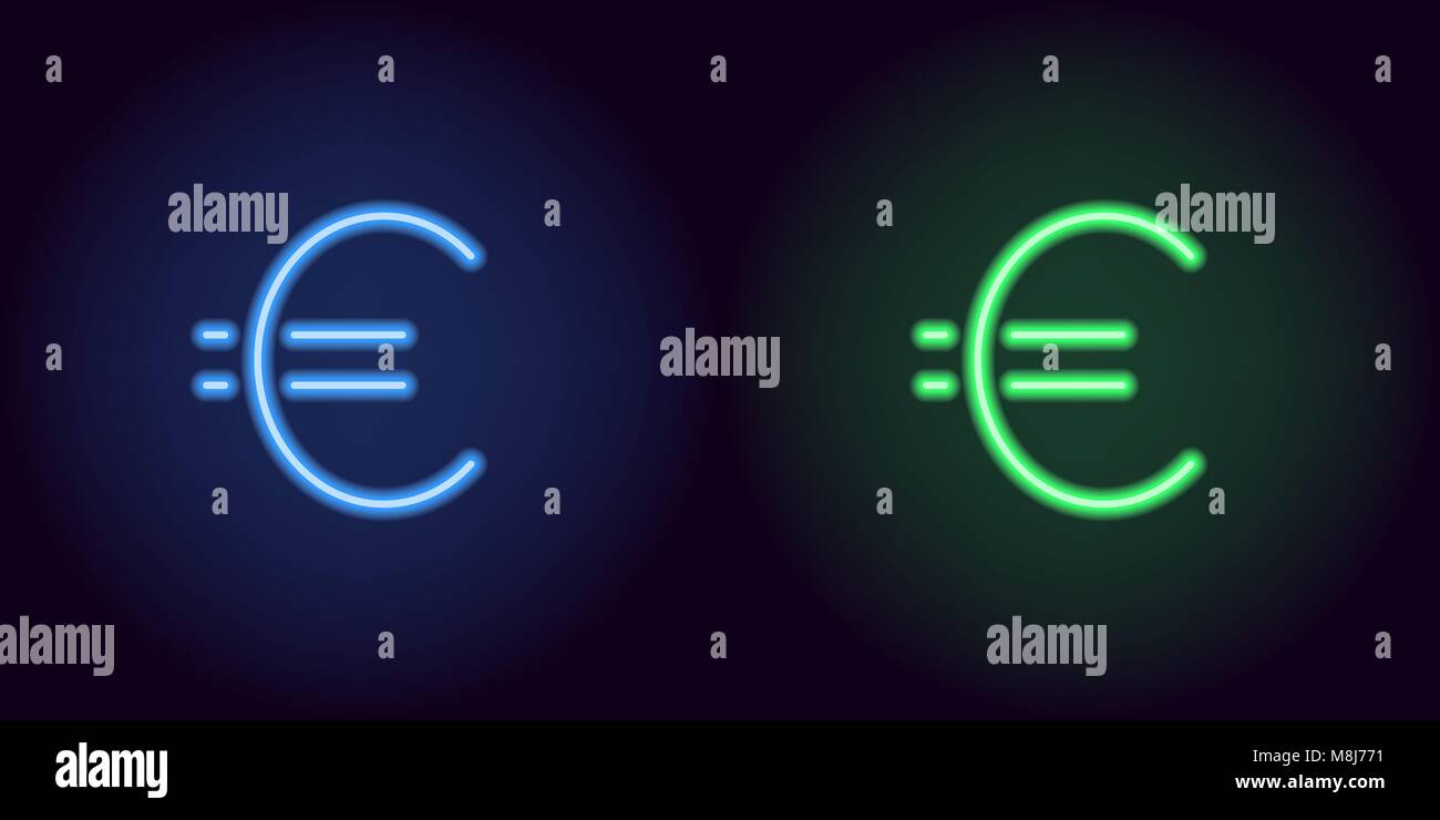 Blue and green neon euro sign. Vector silhouette of neon euro currency ...