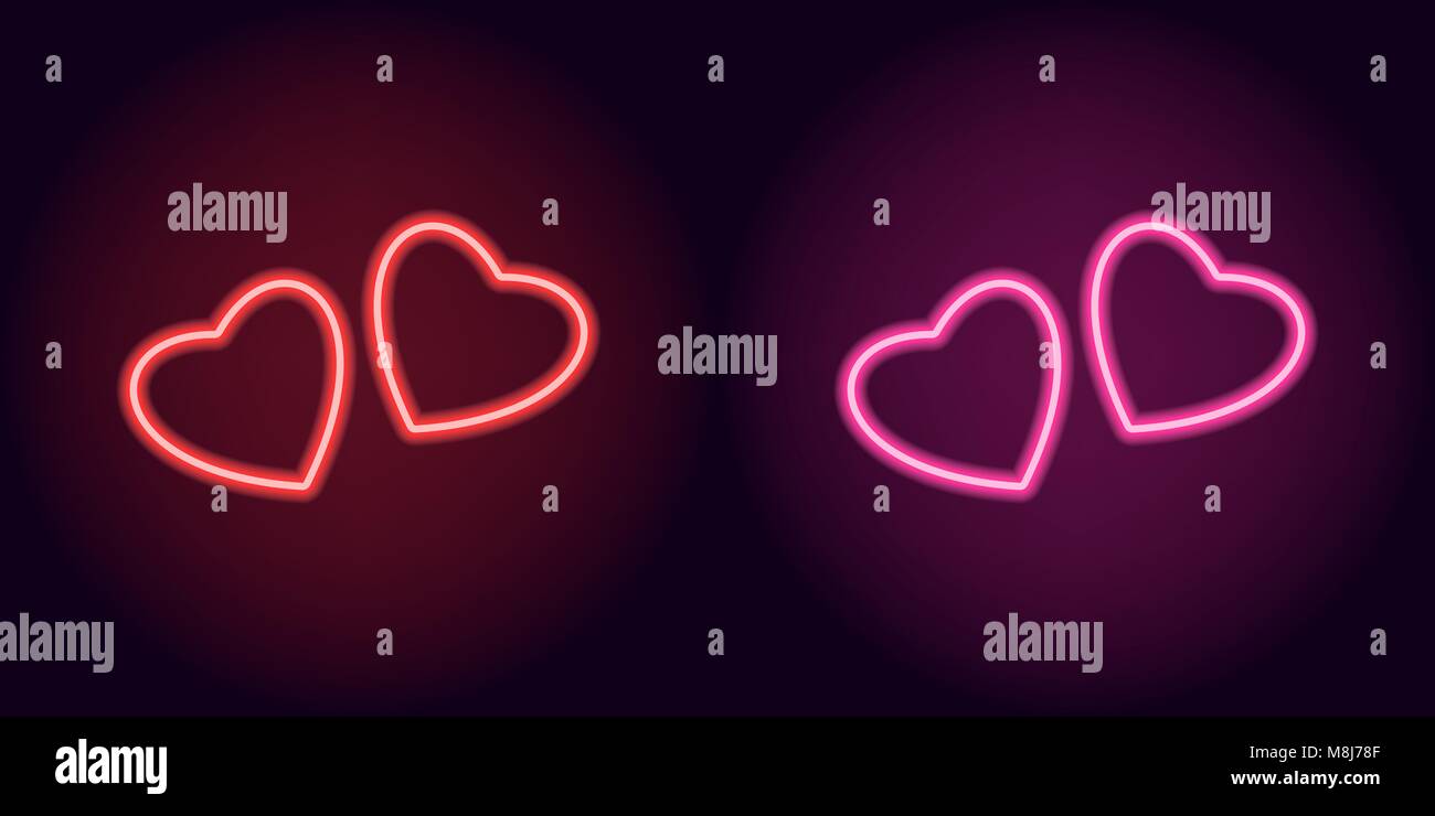 Red And Pink Neon Pair Of Hearts Vector Silhouette Of Neon Hearts Consisting Of Outline With