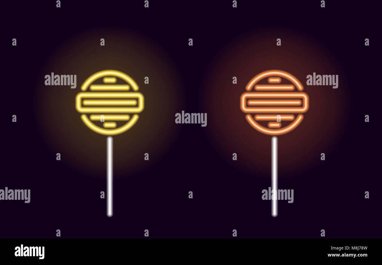 Orange and yellow neon lollipop. Vector silhouette of neon fruit lollipop consisting of outlines, with backlight on the dark background Stock Vector