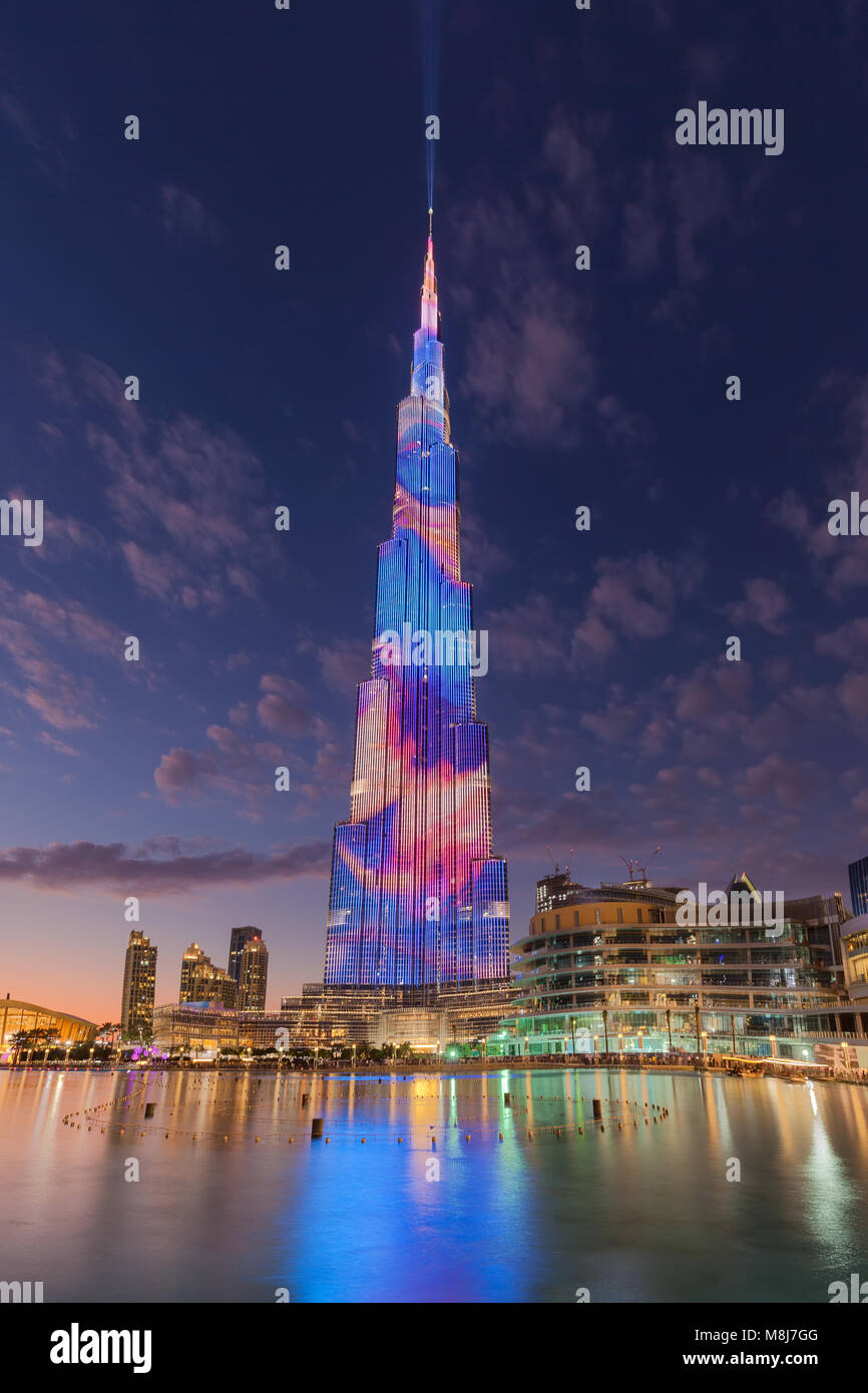 Futuristic decoration on famous Burj Khalifa tower at beautiful sunset Stock Photo