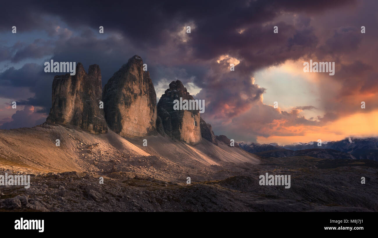 Beautiful landscape panorama of Tre Cime di Lavaredo or Drei Zinnen - Dolomites mountain range, Italy. Stock Photo
