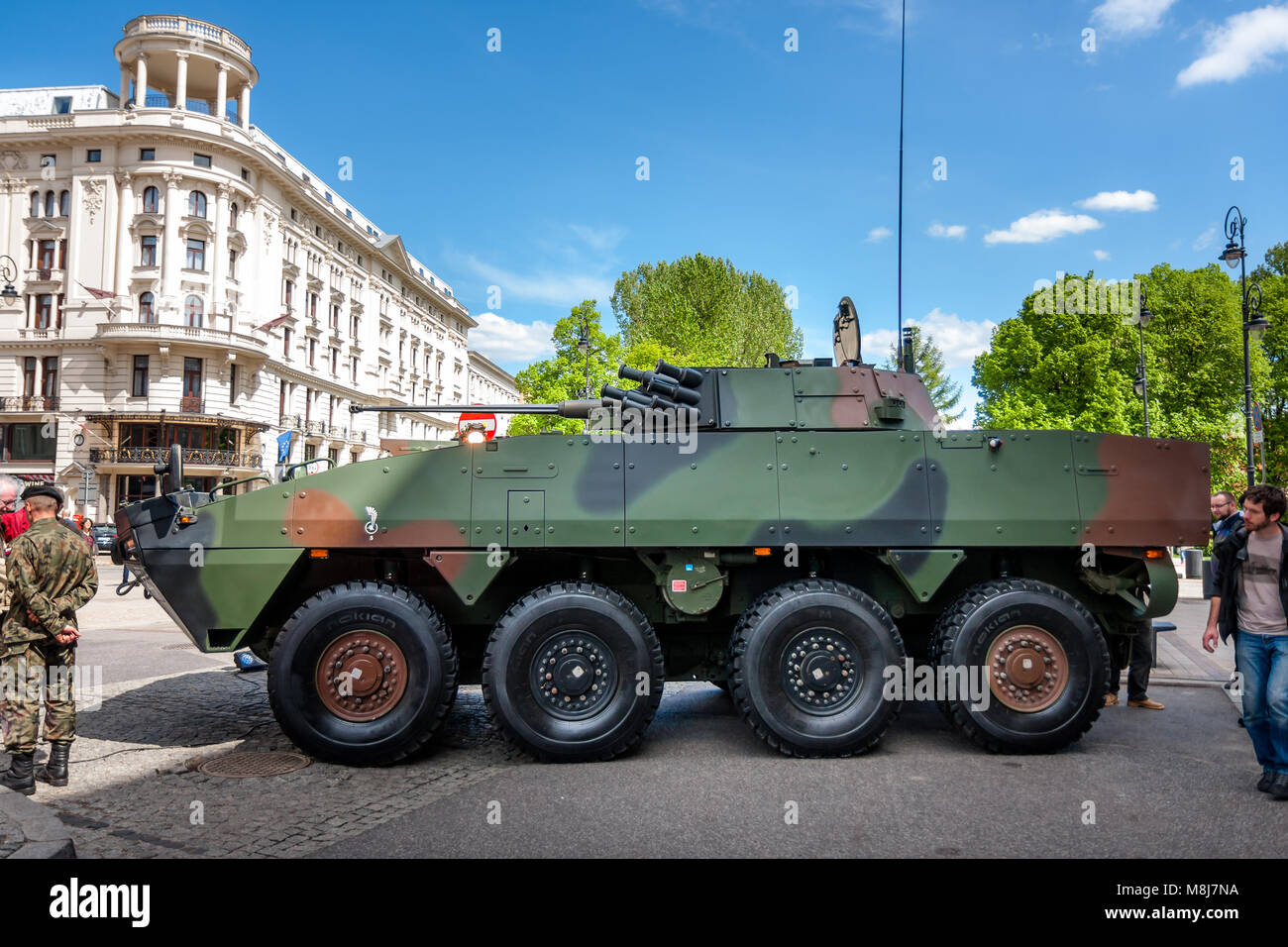 Rosomak - Infantry fighting vehicle, side view. 70th Anniversary of End of World War II. WARSAW, POLAND - MAY 08, 2015 Stock Photo