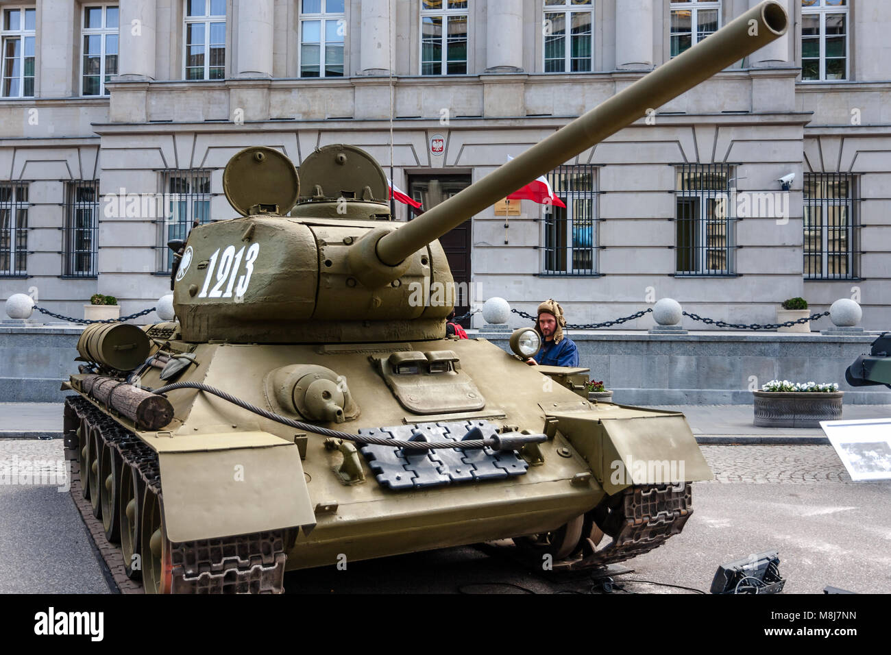 T-34 85 Soviet tank, version with larger 85mm gun. Most-produced tank of the World War II. Public celebrations. WARSAW, POLAND - MAY 08, 2015 Stock Photo