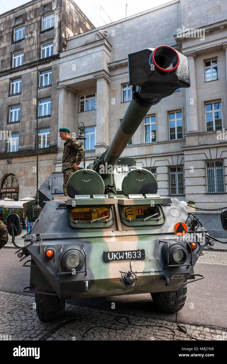 Gun howitzer Dana 152, self propelled artillery system, used also in Afghanistan. 70th Anniversary of End of WW II. WARSAW, POLAND - MAY 08, 2015 Stock Photo