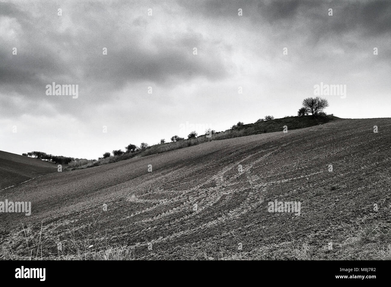 Lonely Art Nature Hills field under cloudy sky stormy weather black and ...