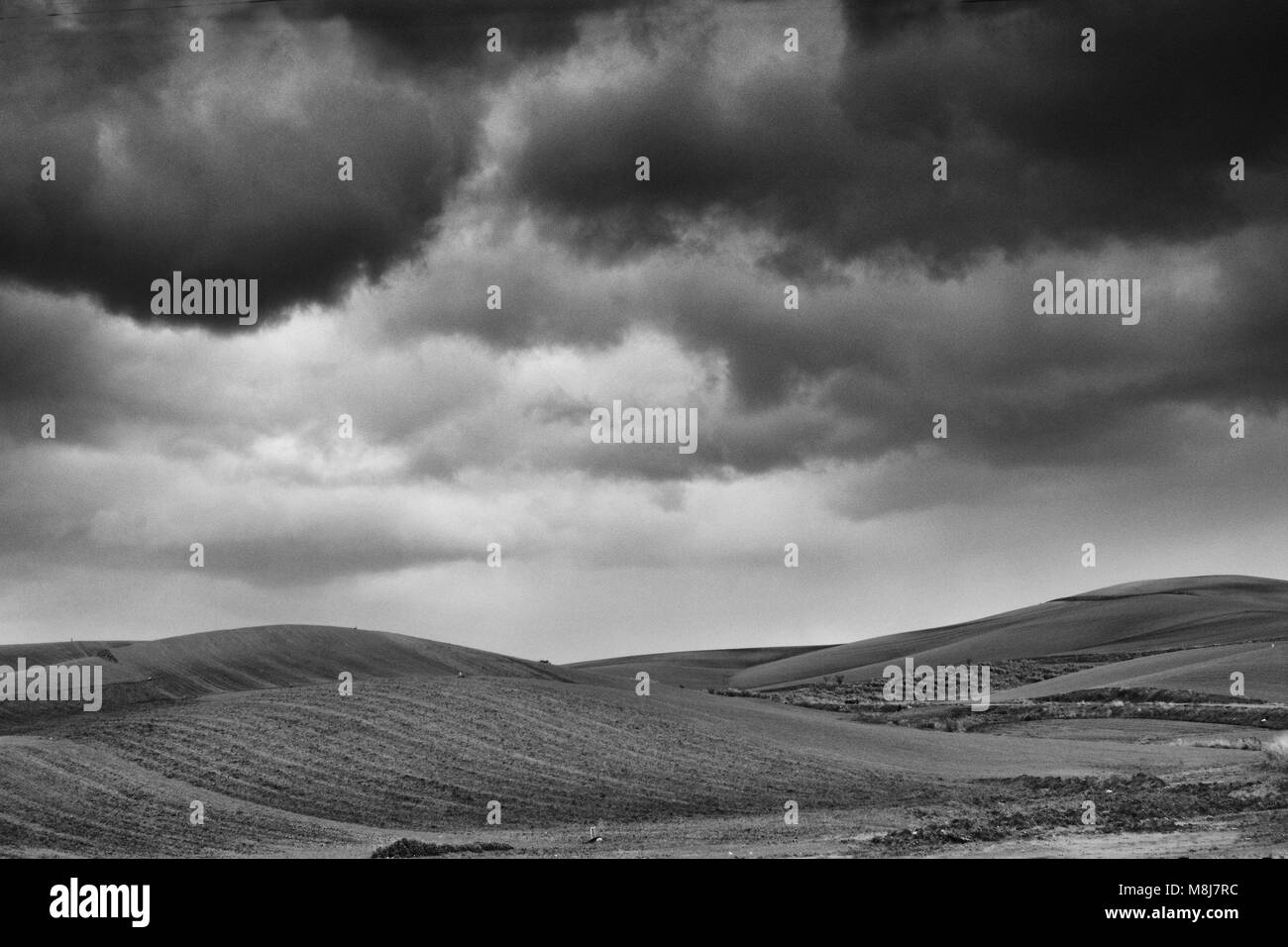 Lonely Art Nature Hills field under cloudy sky stormy weather black and ...