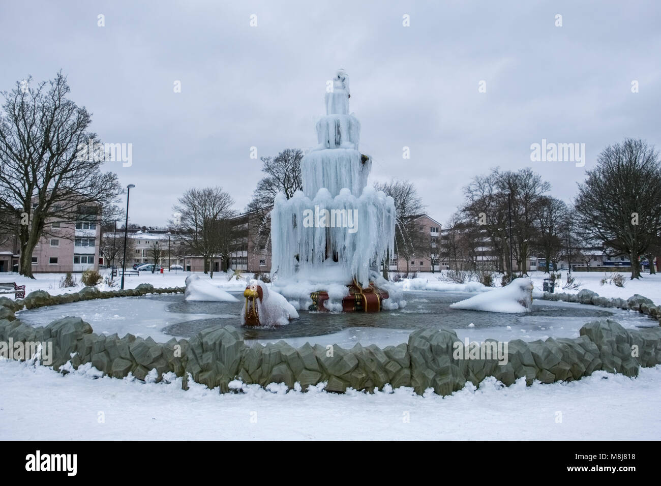 Frozen fountain at Fountain Park, Paisley, Scotland during ‘Beast from